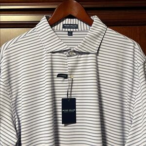 Brand New Peter Millar Crown Crafted Blue & Gray Striped Tailored Fit Golf Polo!